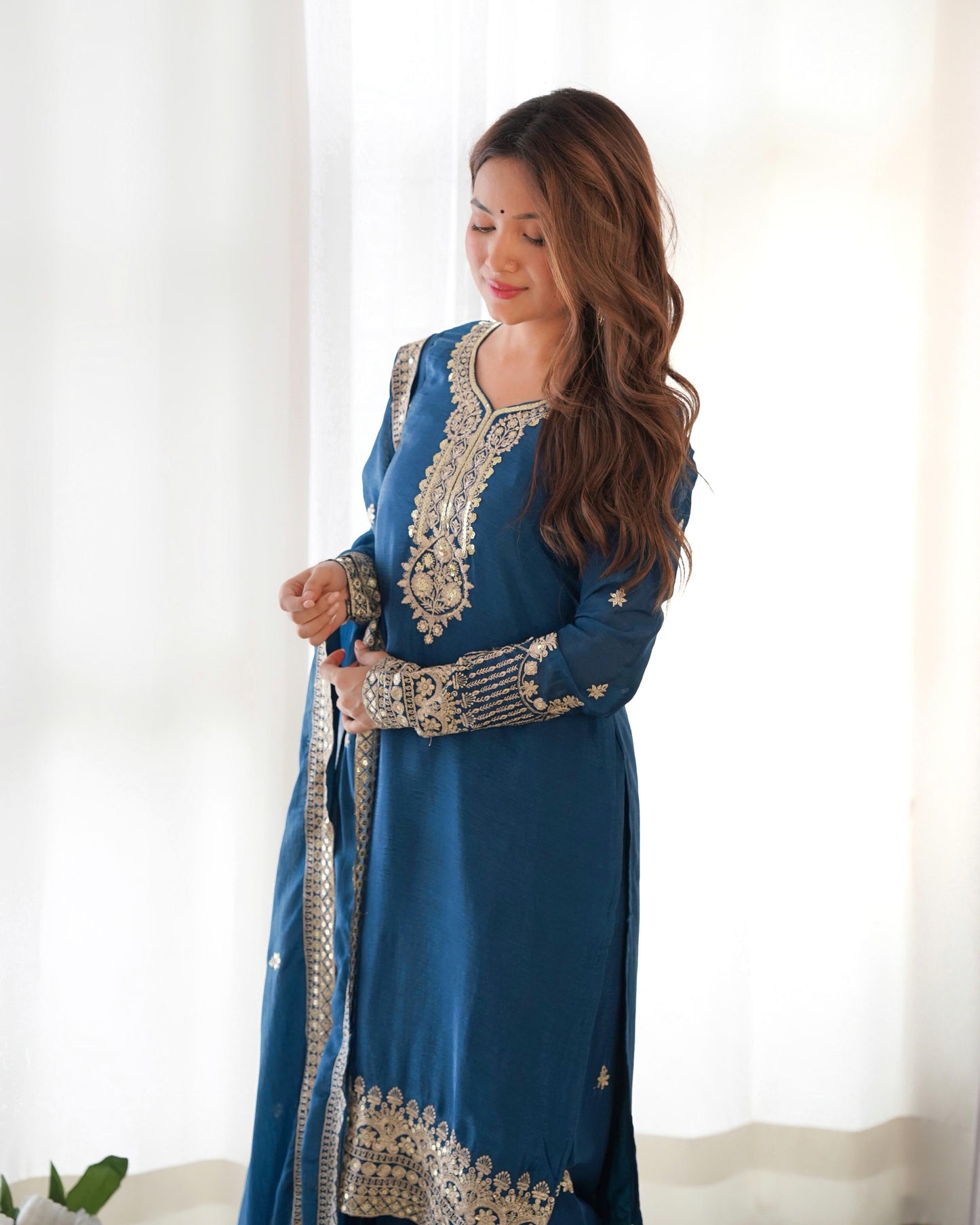 Pure Chinon Silk Embroidered Kurta Set with Dupatta & Trouser