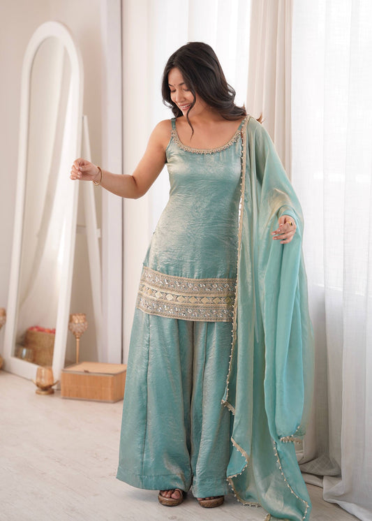 Premium Crush Mirror & Sequence Palazzo Set With Dupatta