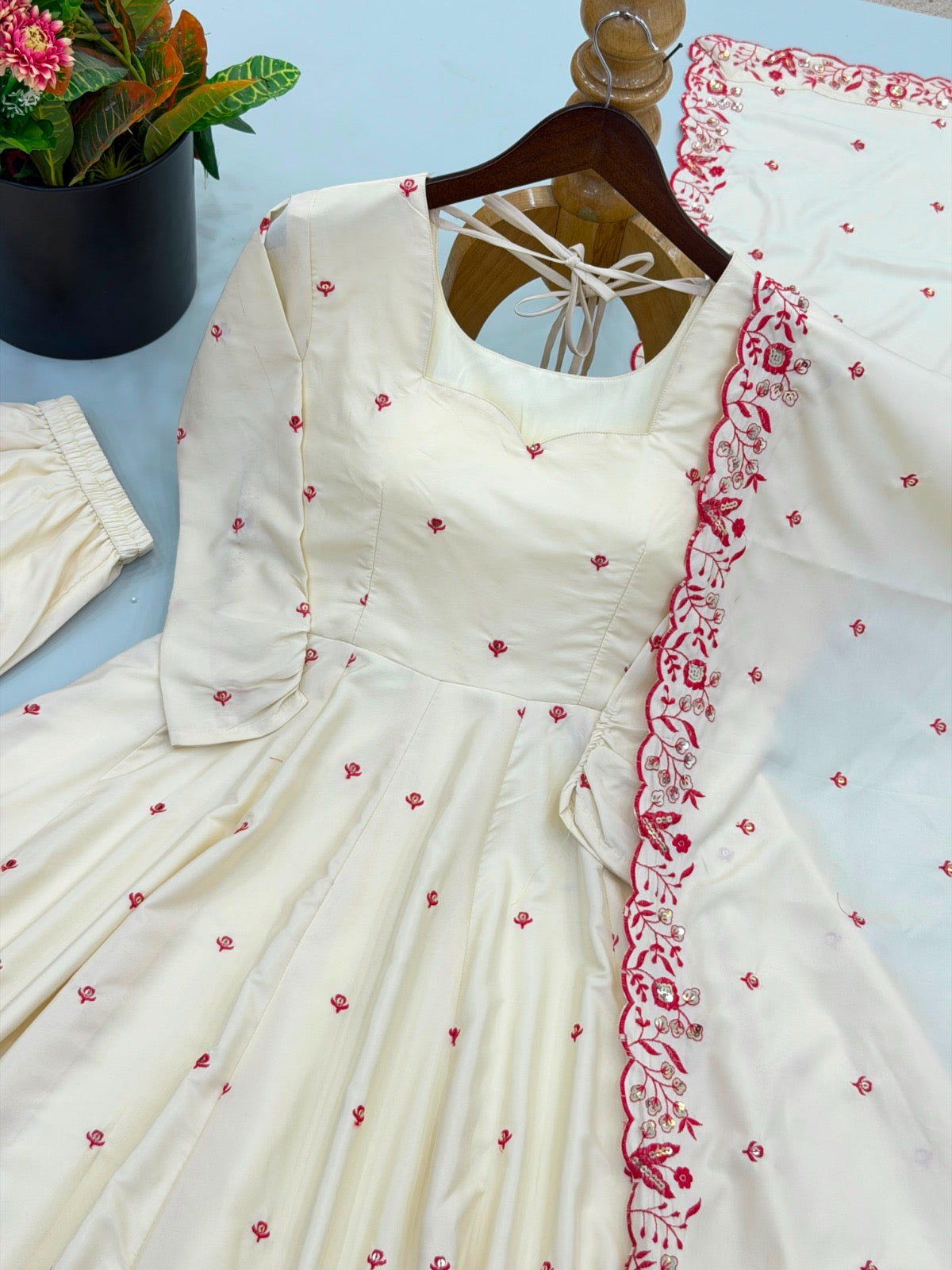Diamond Silk Embroidered Anarkali Gown with Palazzo and Dupatta Set