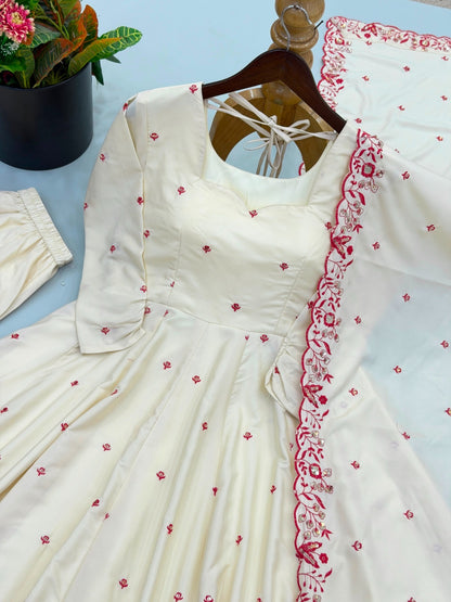 Diamond Silk Embroidered Anarkali Gown with Palazzo and Dupatta Set