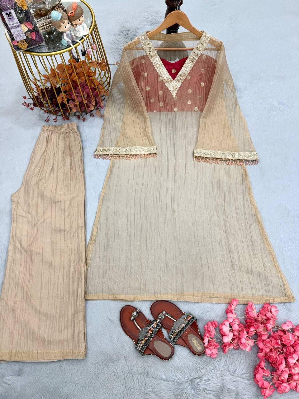 Premium Golden Tissue Salsa Embroidered Kurta Set With Slub Satin Blouse & Palazzo