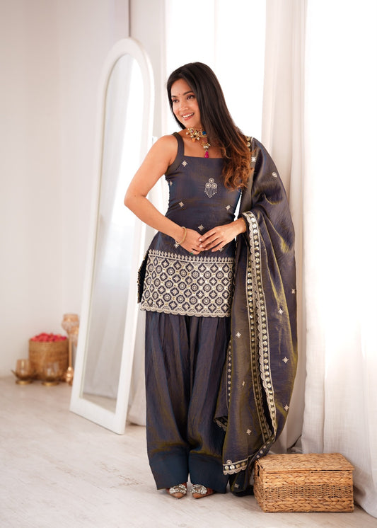 Premium NC Vichitra Silk Embroidered Farshi Shalwar Suit Set With Dupatta