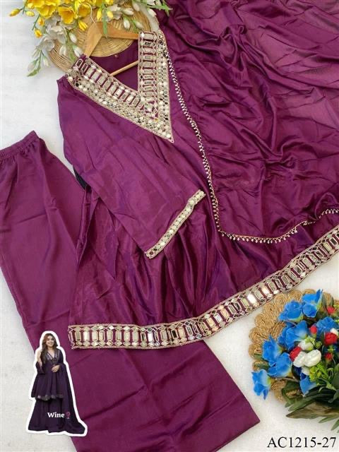 Premium Soft Chinon Mirror Work Palazzo Set With Dupatta