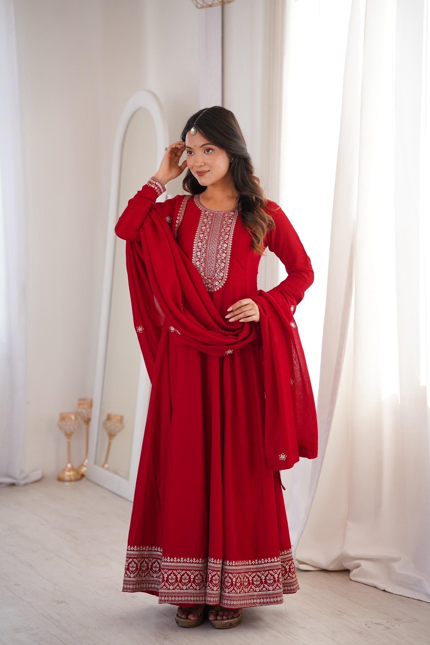 Premium Dark Red Vichitra Silk Embroidered Anarkali Gown with Dupatta