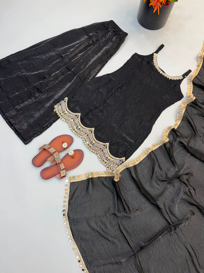 Fendy Silk Embroidered Mirror Work Sharara Set