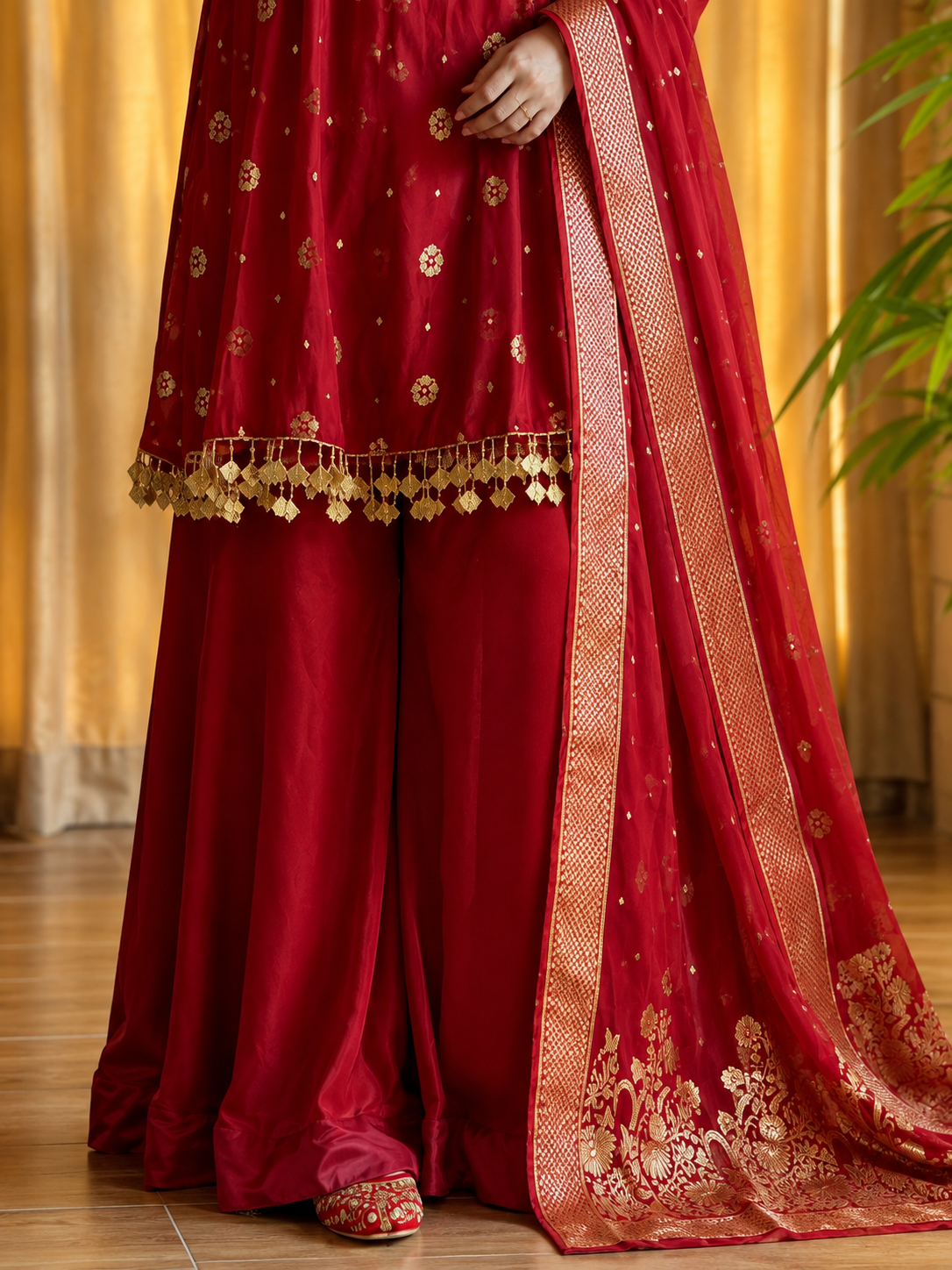 Satin Silk Kurta Set with Palazzo and Dupatta