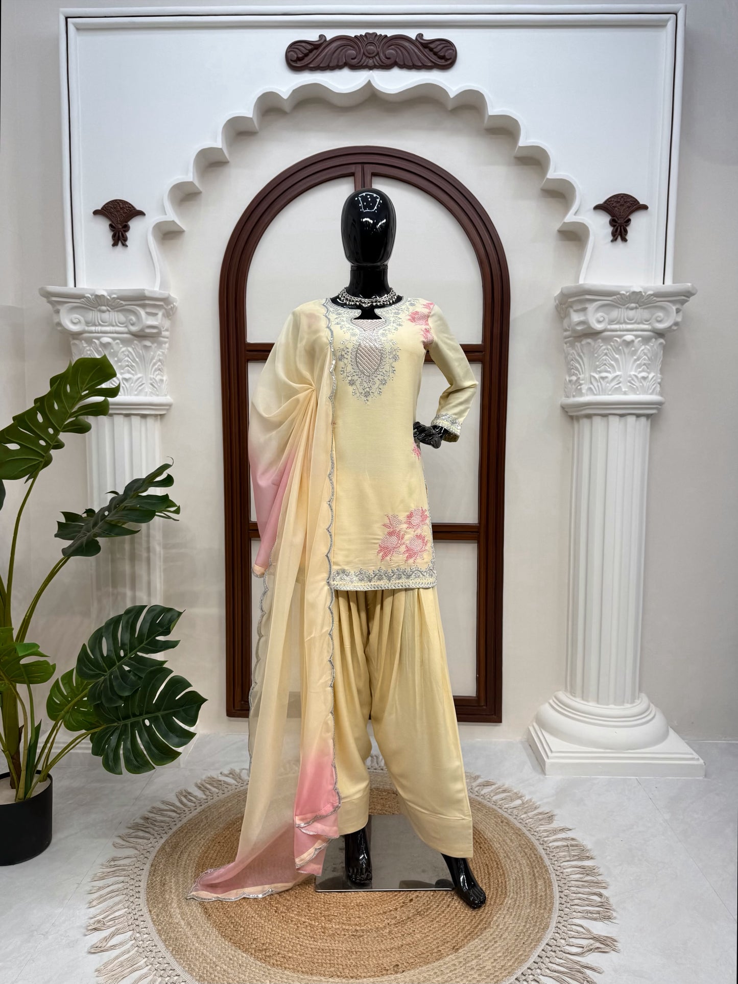 Premium Heavy Rayon Thread & Sequence Farshi Palazzo Set With Tibby Silk Dupatta