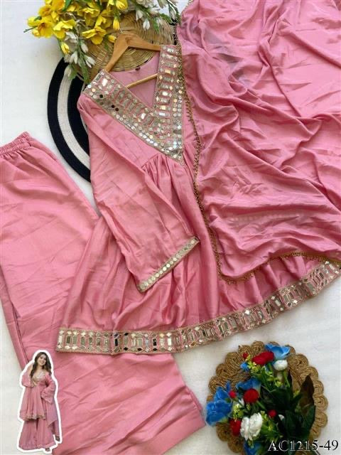 Premium Soft Chinon Mirror Work Palazzo Set With Dupatta