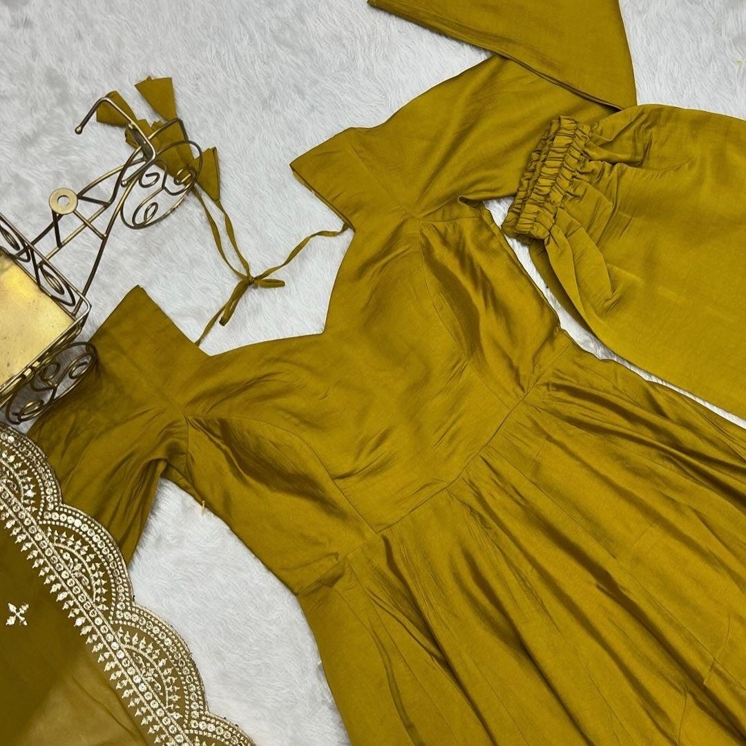 Pure Roman Silk Chanderi Anarkali Set