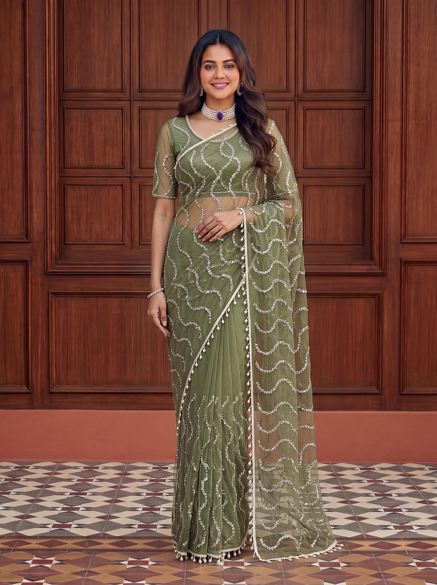 Designer Handwork Net Saree With Beads, Sequence & Pearl Embroidery