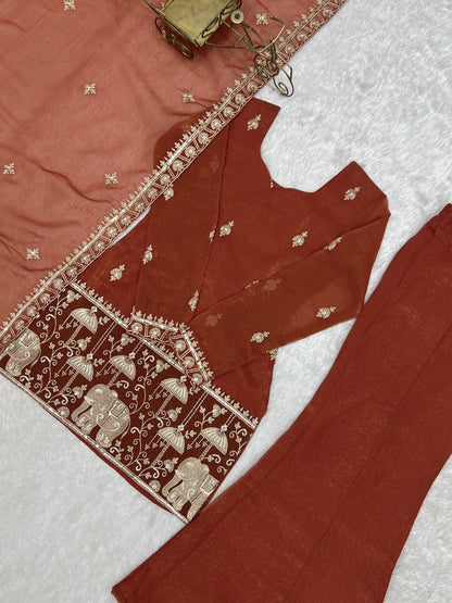 Crunchy Silk Embroidered Kurta Set with Bell Bottom and Dupatta