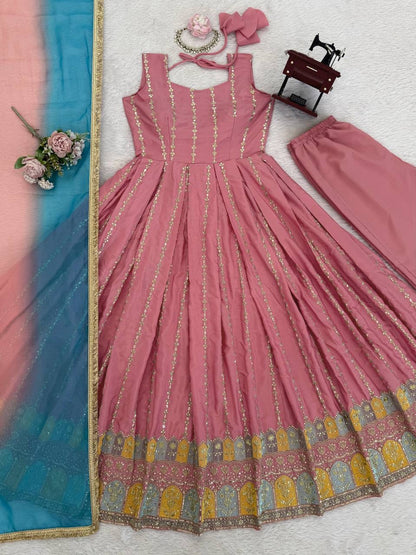 Premium Chinon Silk Thread & Sequence Anarkali Set With Tabby Organza Dupatta