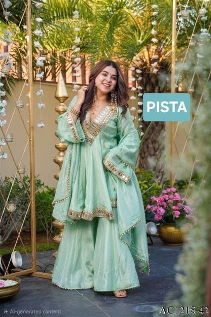 Premium Soft Chinon Mirror Work Palazzo Set With Dupatta