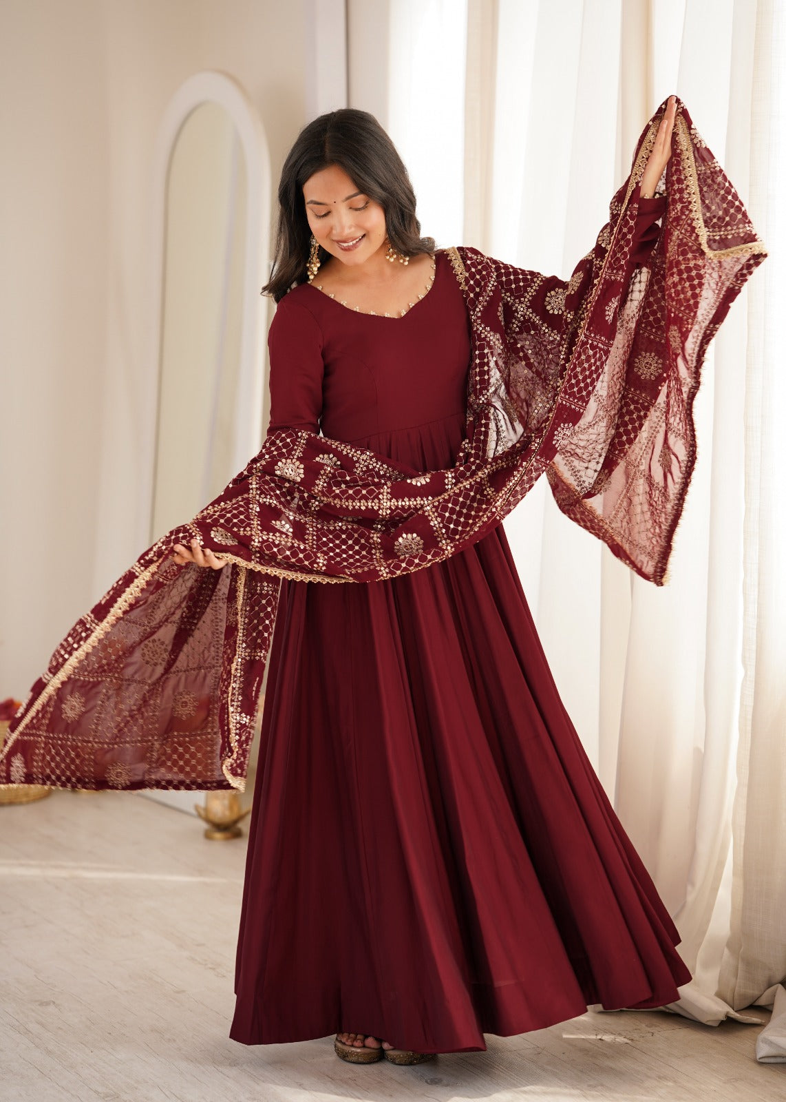Heavy Roman Silk Chanderi Gown Set With Embroidered Dupatta & Bottom
