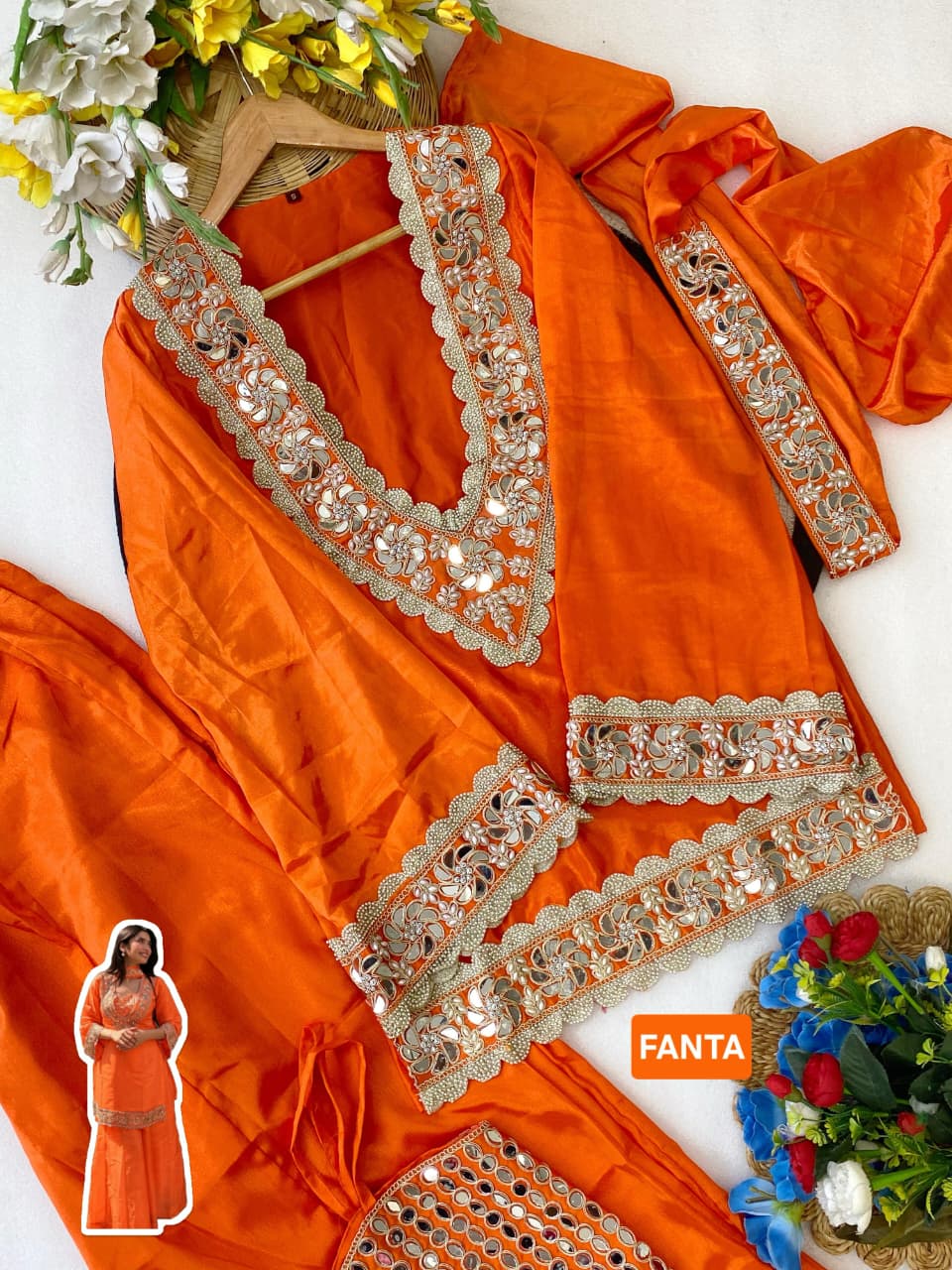 Premium Chinon 4 Piece Sharara Suit Set With Mirror