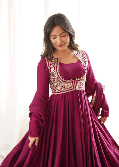 Premium Roman Silk Chanderi Anarkali Gown Set With Fancy Jacket & Dupatta