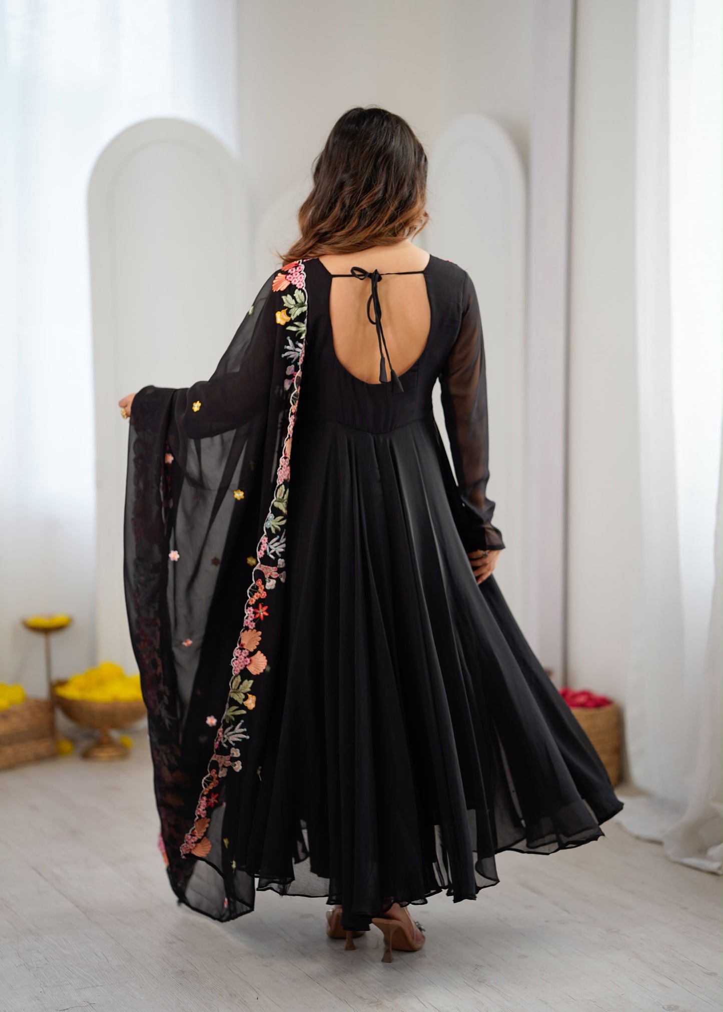 Designer Faux Georgette Embroidered Gown with Pant and Dupatta Set