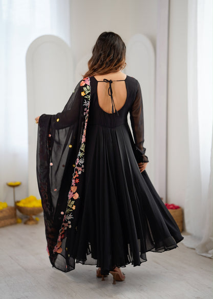 Designer Faux Georgette Embroidered Gown with Pant and Dupatta Set