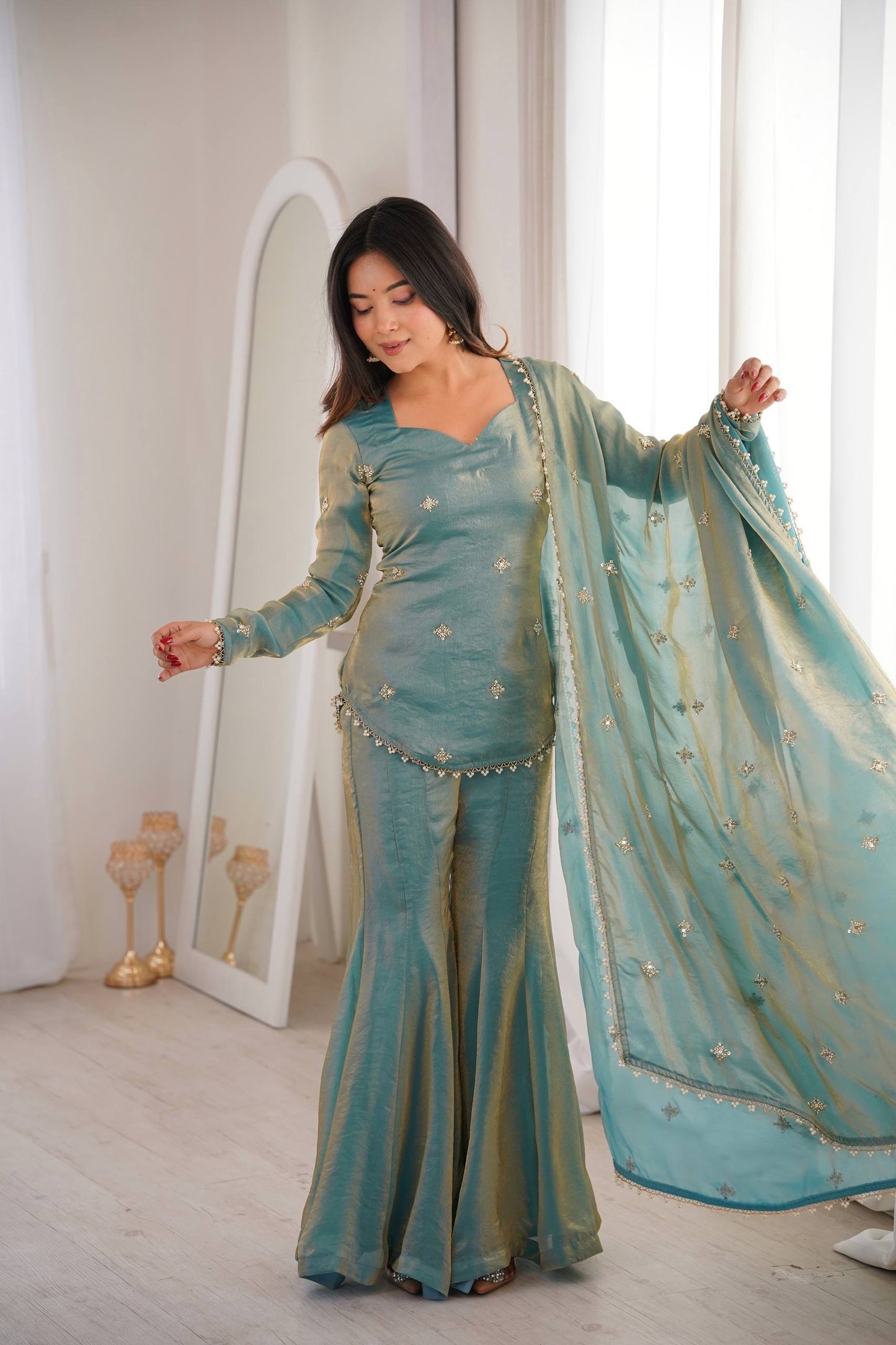 Premium Fendy Silk Embroidered Sharara Palazzo Set With Dupatta