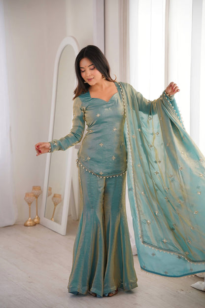 Premium Fendy Silk Embroidered Sharara Palazzo Set With Dupatta