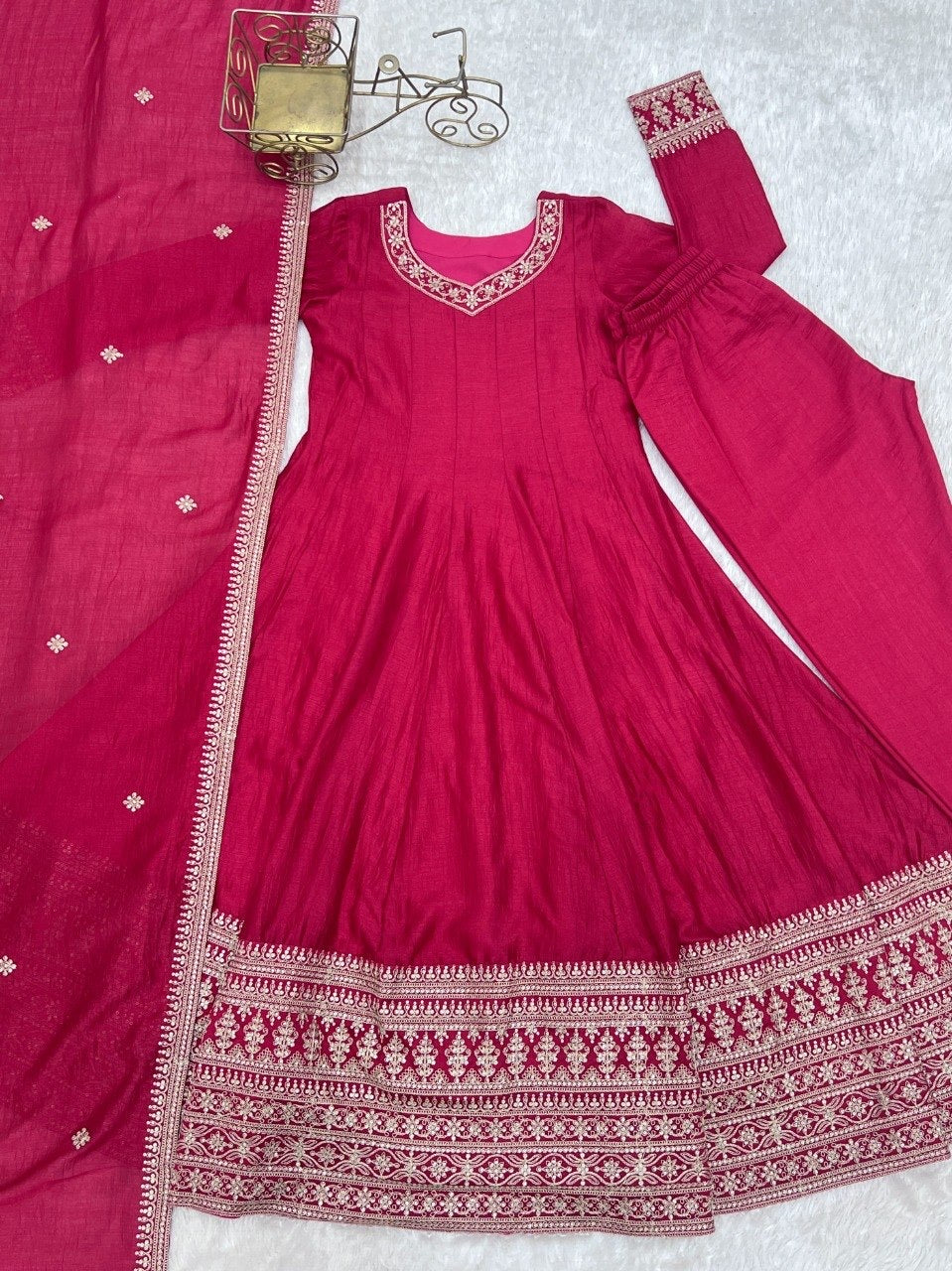 Blooming Vichitra Silk Anarkali, Pant & Dupatta Set