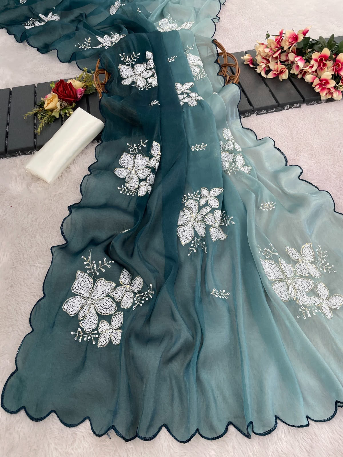 Premium Zimi Chu Sequence Work Saree With Satin Silk Blouse