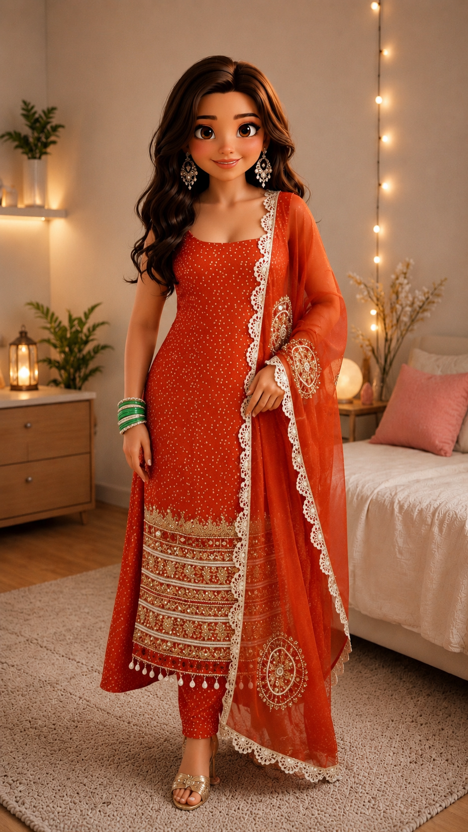 Premium Bandhani Faux Georgette Mirror Work Kurti Set With Churidar & Dupatta