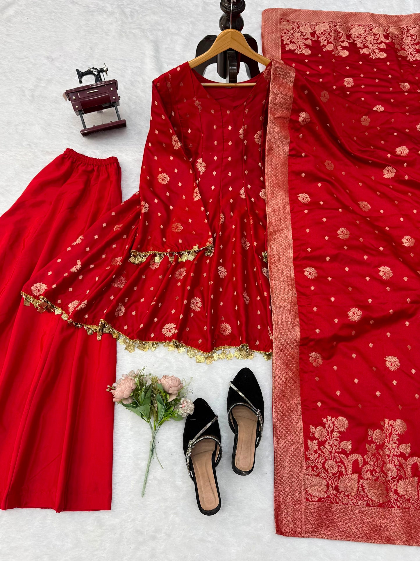 Satin Silk Kurta Set with Palazzo and Dupatta
