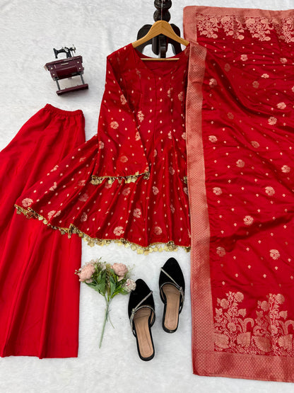 Satin Silk Kurta Set with Palazzo and Dupatta