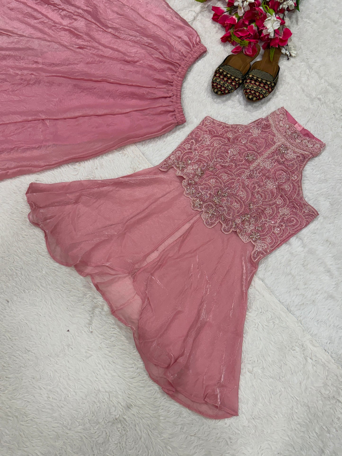 Heavy Fandy Crush Full Neck Handwork Top With Sharara Plazzo Set