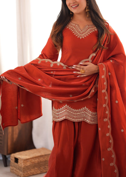 Glass Roman Silk Top, Farshi Salwar & Dupatta Set