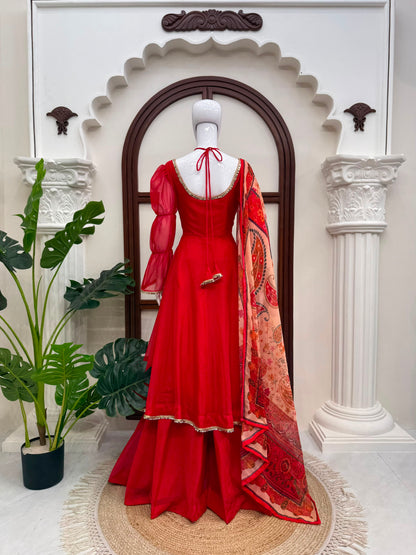 Premium Tabby Silk Mirror Lace Anarkali Set With Digital Printed Dupatta