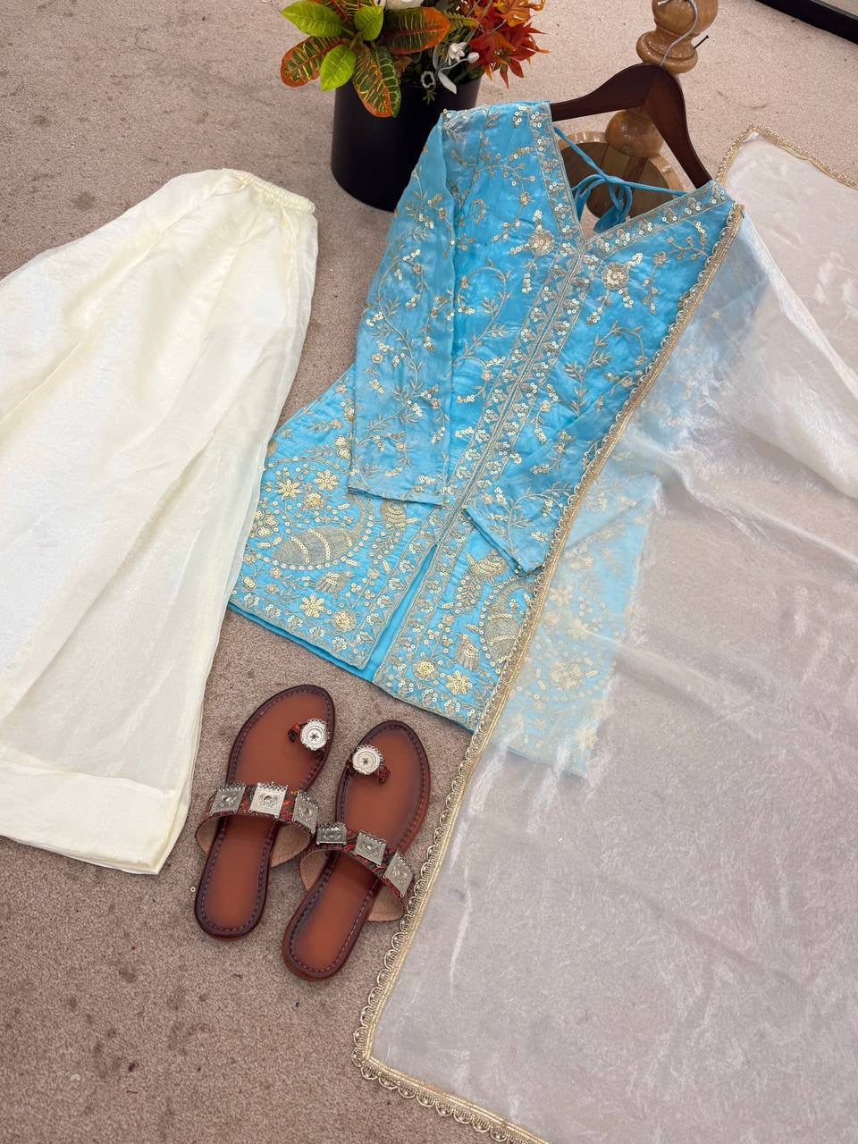 Heavy Fendy Silk Top Plazzo & Dupatta Set