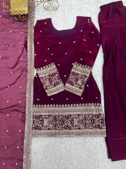 Wine Heavy Fendy Silk Embroidered Kurta Set with Farshi Shalwar and Dupatta