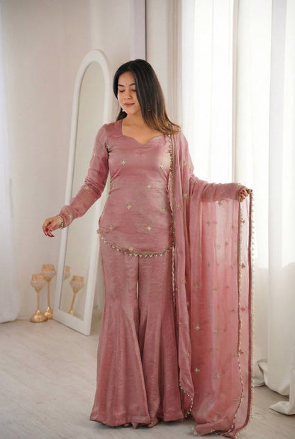 Premium Fendy Silk Embroidered Sharara Palazzo Set With Dupatta