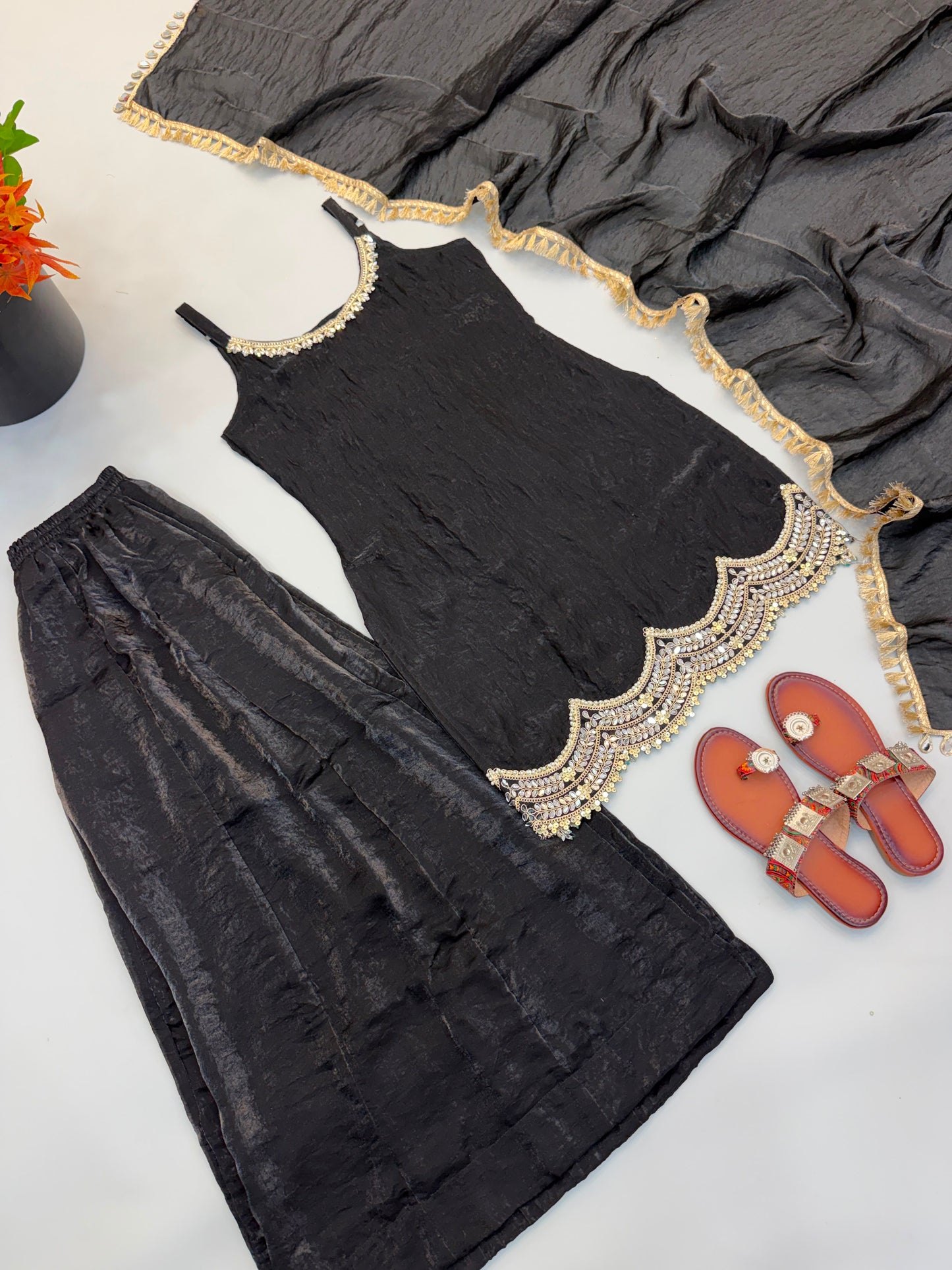 Fendy Silk Embroidered Mirror Work Sharara Set