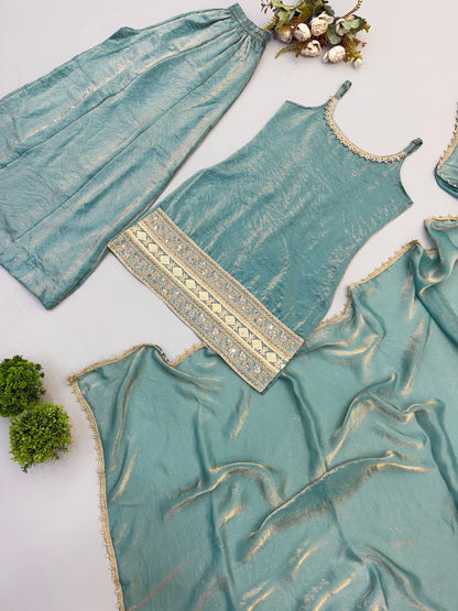 Premium Crush Mirror & Sequence Palazzo Set With Dupatta