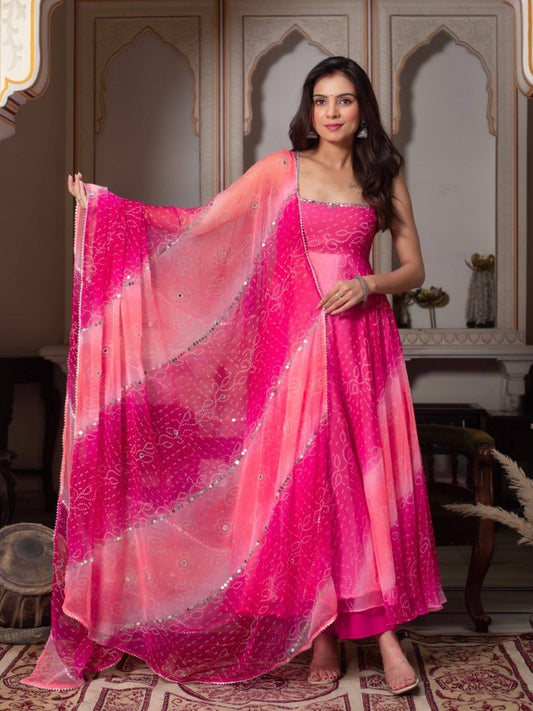 Premium Georgette Chiffon Digital Print Gown Set With Mirror Work Dupatta
