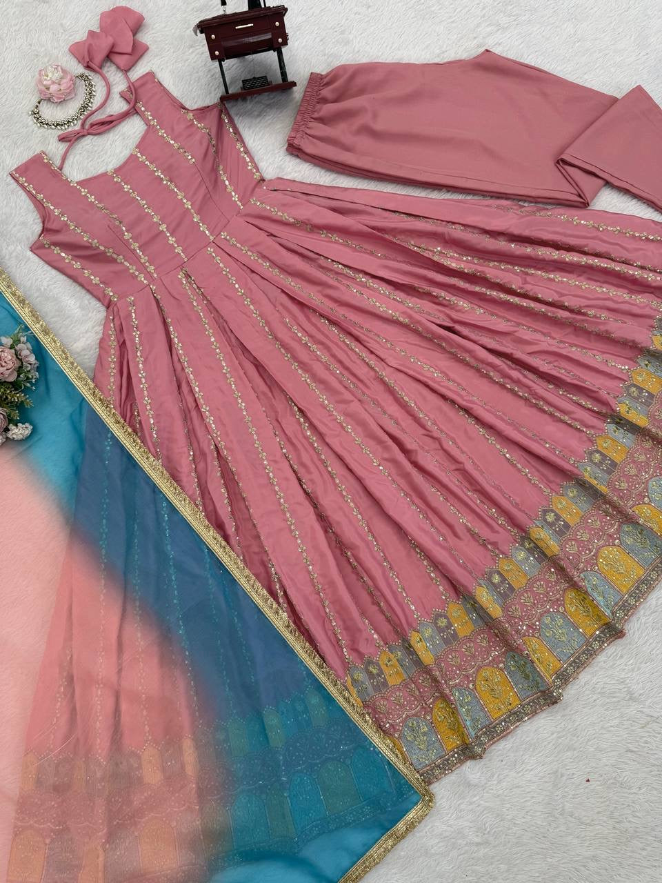 Premium Chinon Silk Thread & Sequence Anarkali Set With Tabby Organza Dupatta