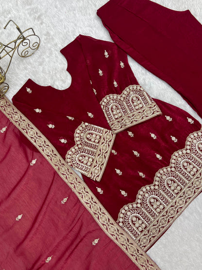 Premium Crunchy Silk Embroidered Bell Bottom Suit Set With Dupatta