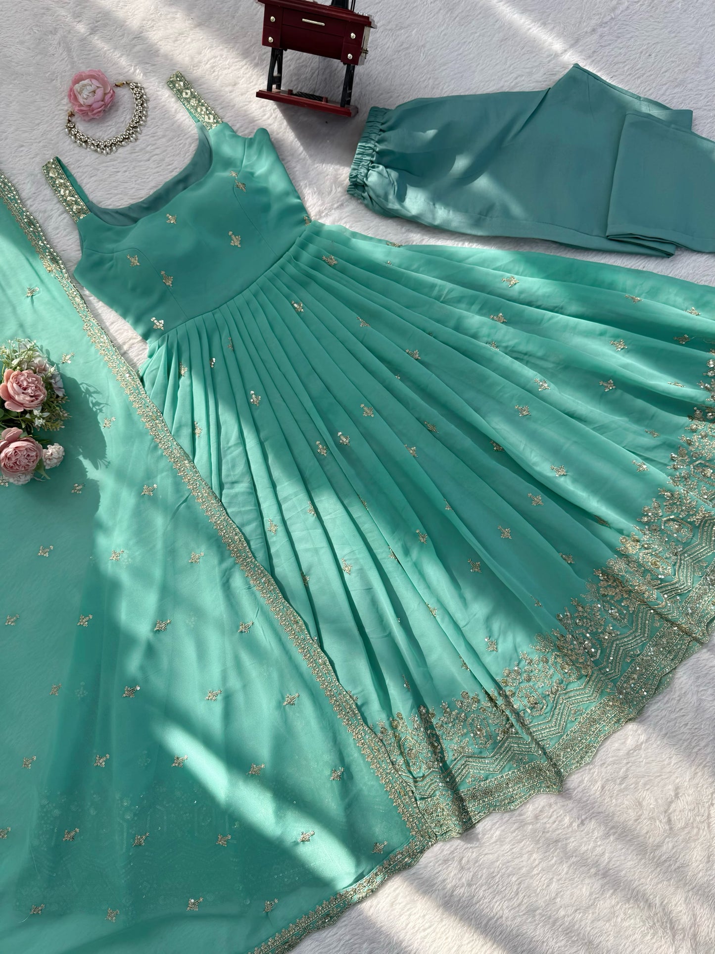 Premium Faux Georgette Embroidered Anarkali Set With Dupatta & Pant