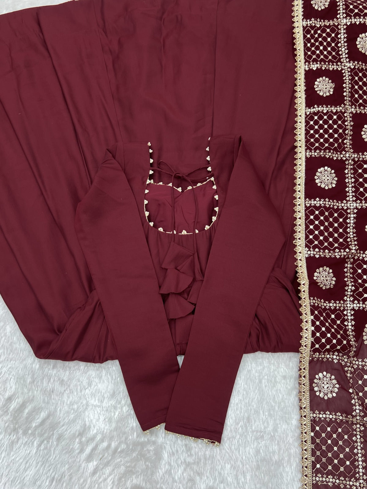 Heavy Roman Silk Chanderi Gown Set With Embroidered Dupatta & Bottom