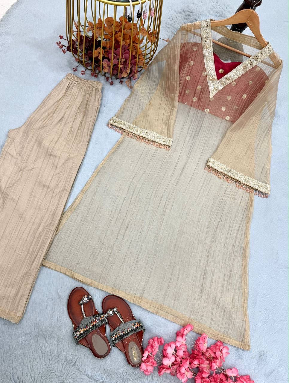 Premium Golden Tissue Salsa Embroidered Kurta Set With Slub Satin Blouse & Palazzo