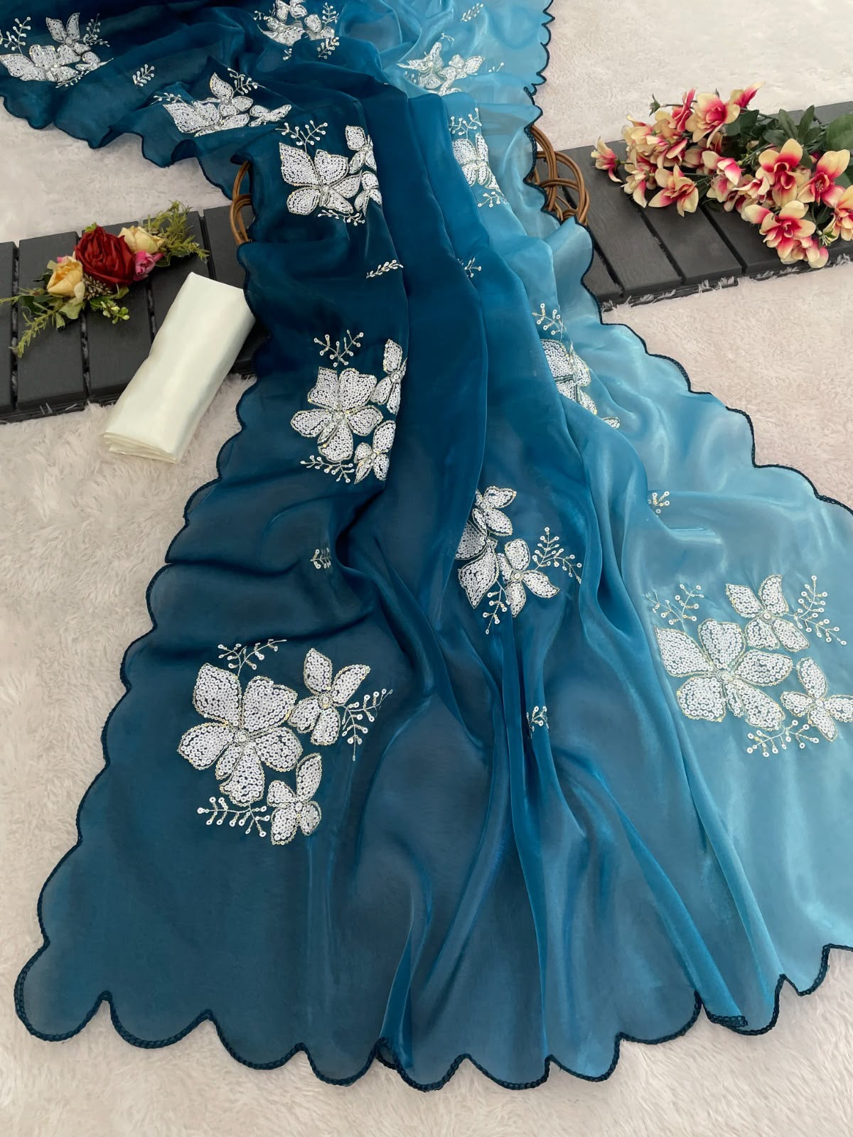 Premium Zimi Chu Sequence Work Saree With Satin Silk Blouse
