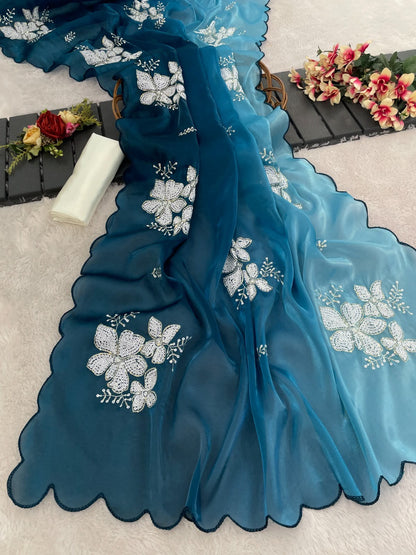 Premium Zimi Chu Sequence Work Saree With Satin Silk Blouse