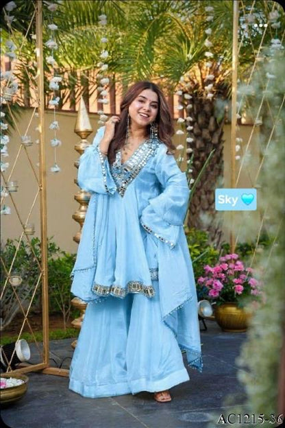 Premium Soft Chinon Mirror Work Palazzo Set With Dupatta