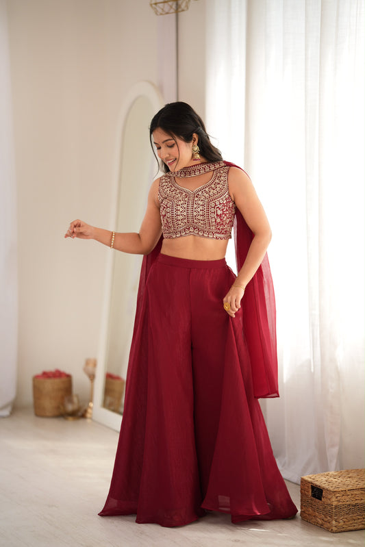 Designer Indo-Western Crunchy Silk Crop Top Palazzo Set