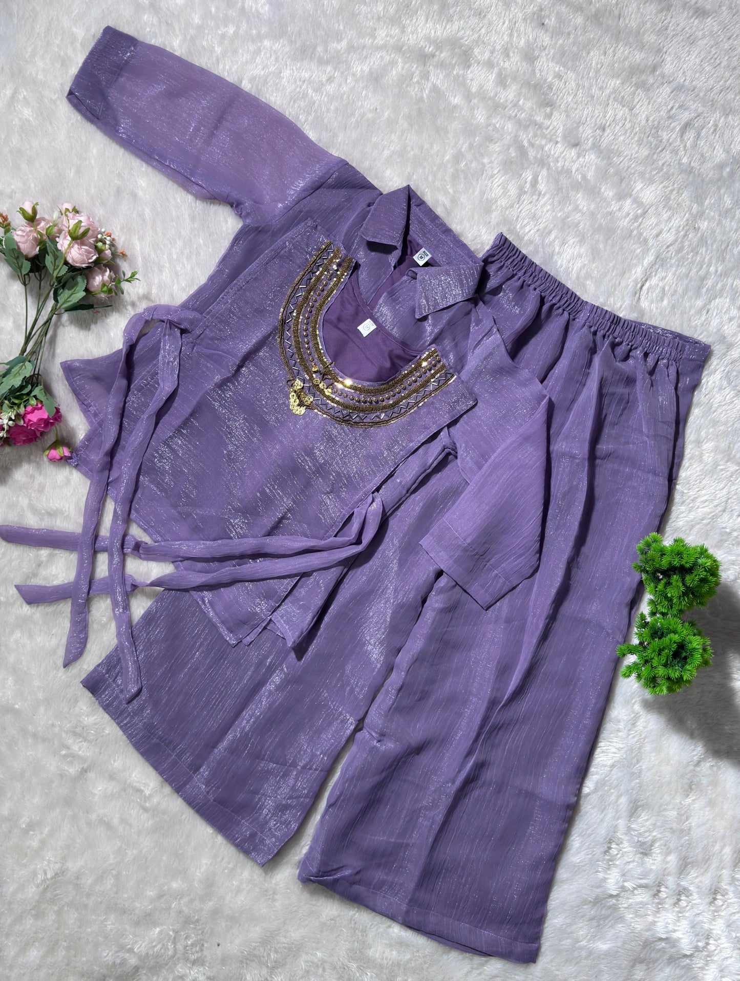 Premium Crunchy Silk Co-Ord Set With Shirt & Plazzo