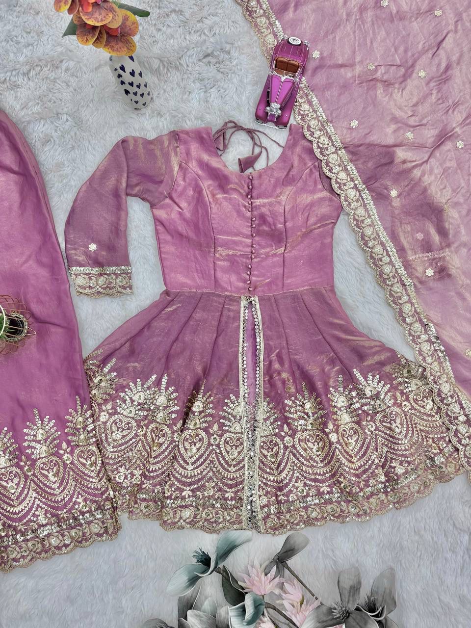 Fendy Satin Silk Gown Sharara Set with Mirror Work