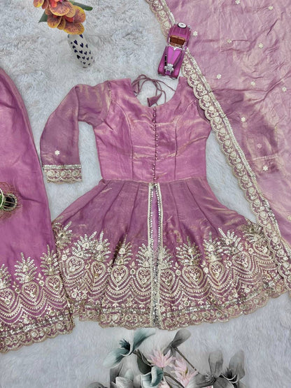 Fendy Satin Silk Gown Sharara Set with Mirror Work